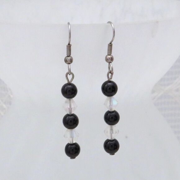 Handmade Onyx and Crystal Dangle Earrings For Women, Casual or Business Jewelry - Picture 1 of 6